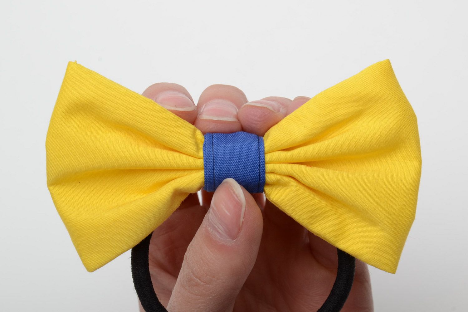 Handmade cotton fabric bow hair tie of yellow and blue colors photo 5
