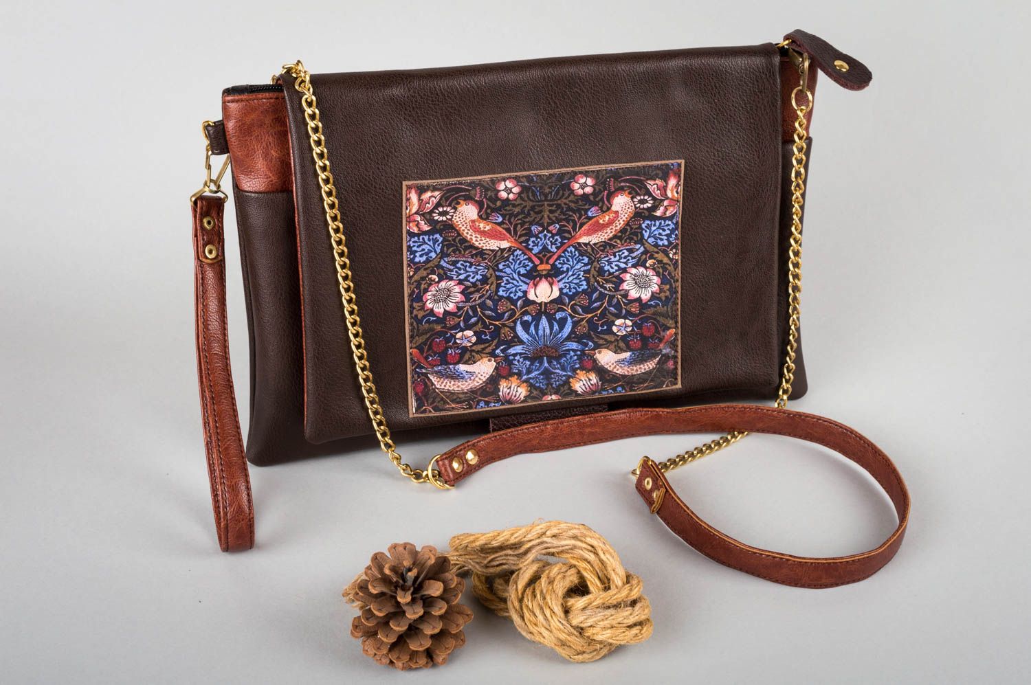 Handmade small bag unusual accessory with print bag made of artificial leather photo 1