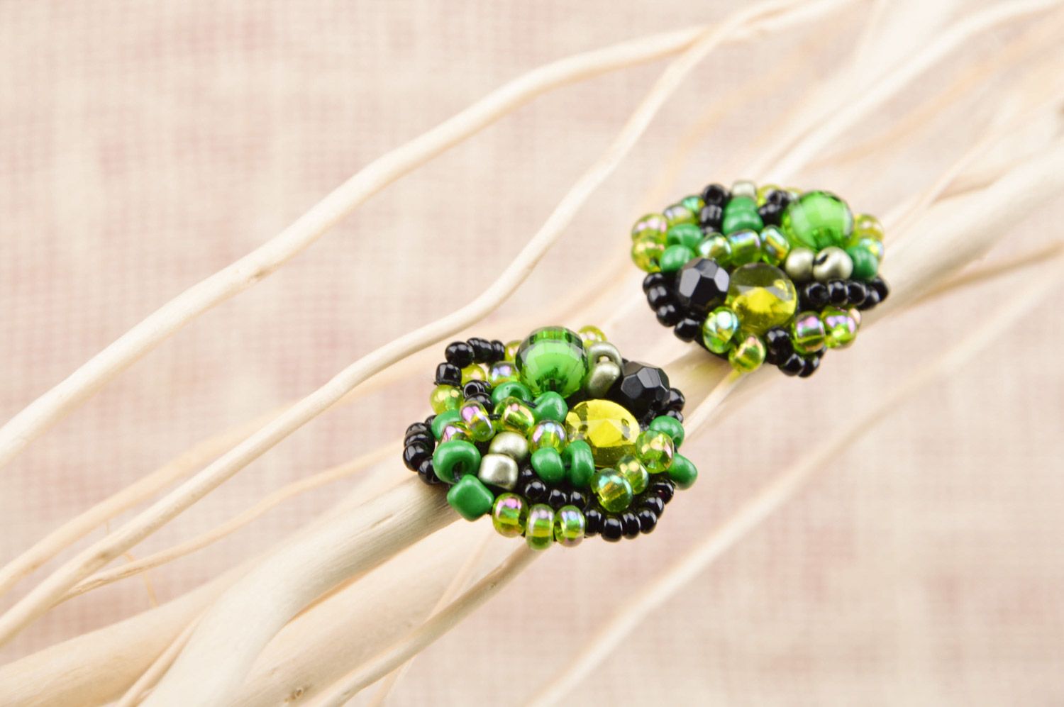 Handmade massive beaded stud earrings in green and black colors for women photo 5