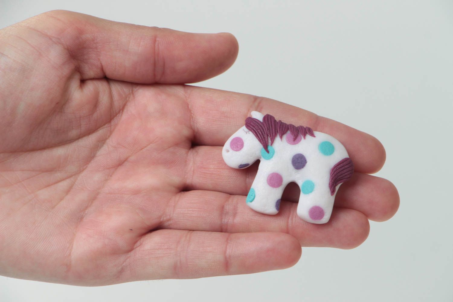 Handmade designer polymer clay brooch small white polka dot pony for children photo 5