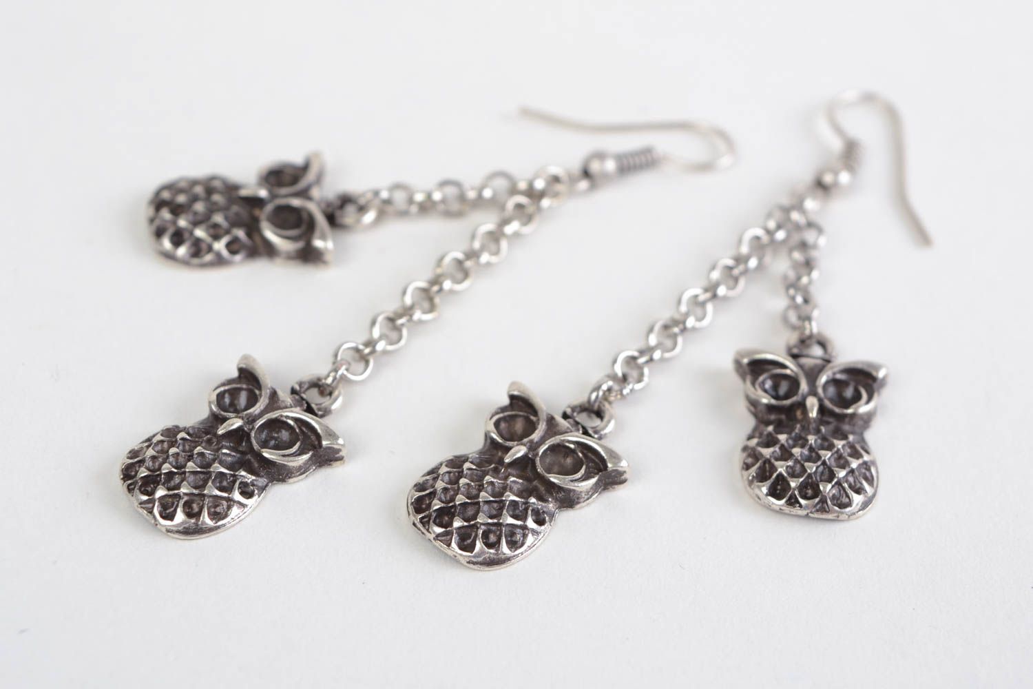 Handmade designer long dangling metal earrings with chains and owls  photo 3