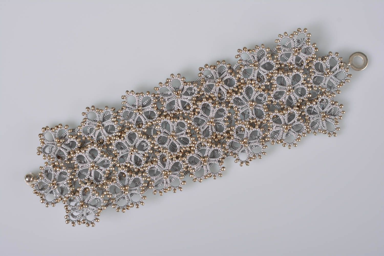 Gray and gold beads' knitted elegant bangle bracelet  photo 1
