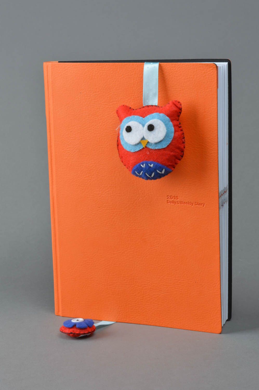 Handmade designer blue ribbon bookmark with small soft charm red felt owl photo 2