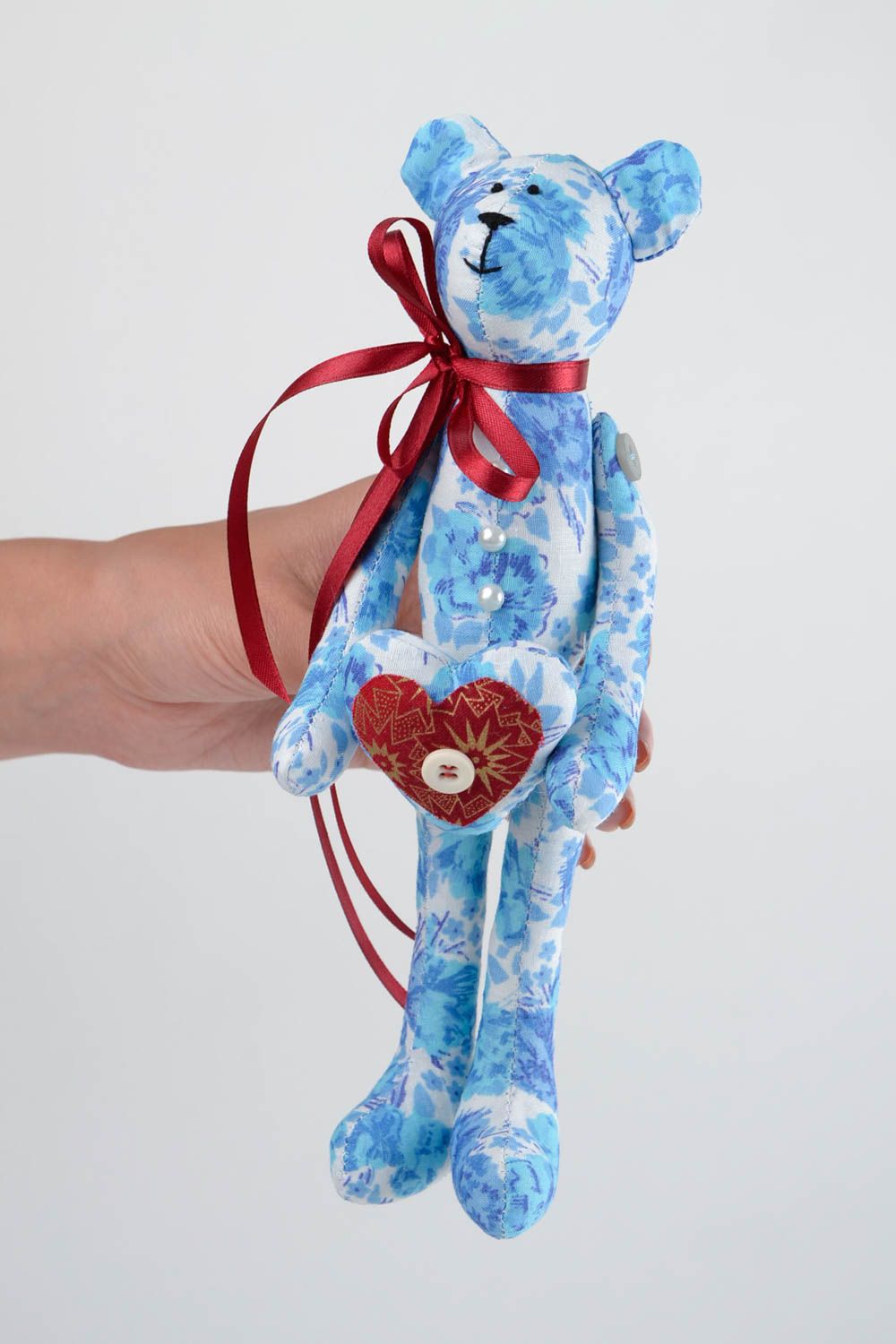 Jouet Ours en tissu de coton naturel fait main bleu avec coeur Cadeau enfant photo 2