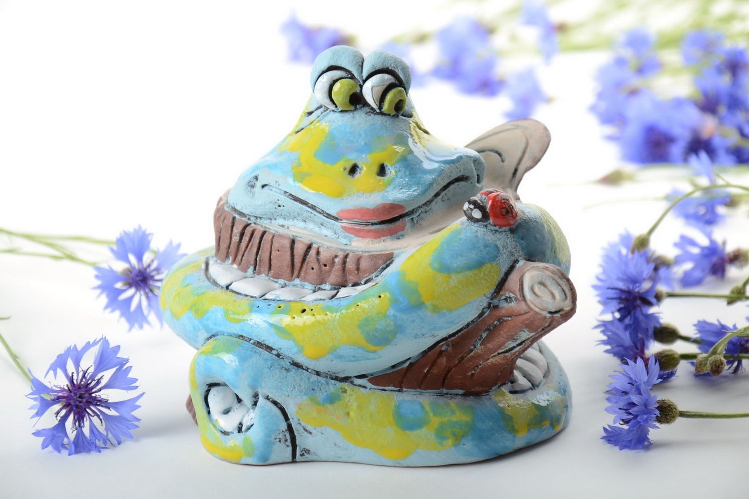 Handmade funny semi porcelain painted figured money box blue snake with ladybug photo 1