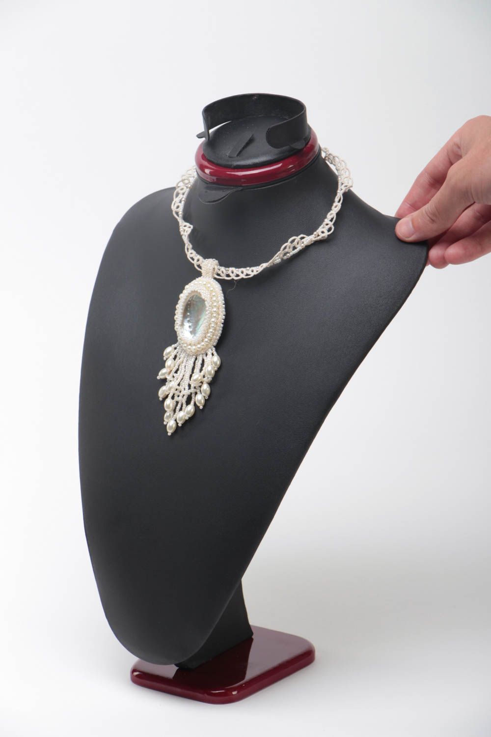 Handmade openwork necklace beaded cotton jewelry white beautiful accessory photo 5