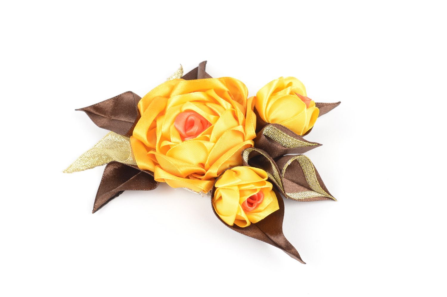 Broche Barrette fleur faite main jaune en rubans de satin Accessoire femme photo 1