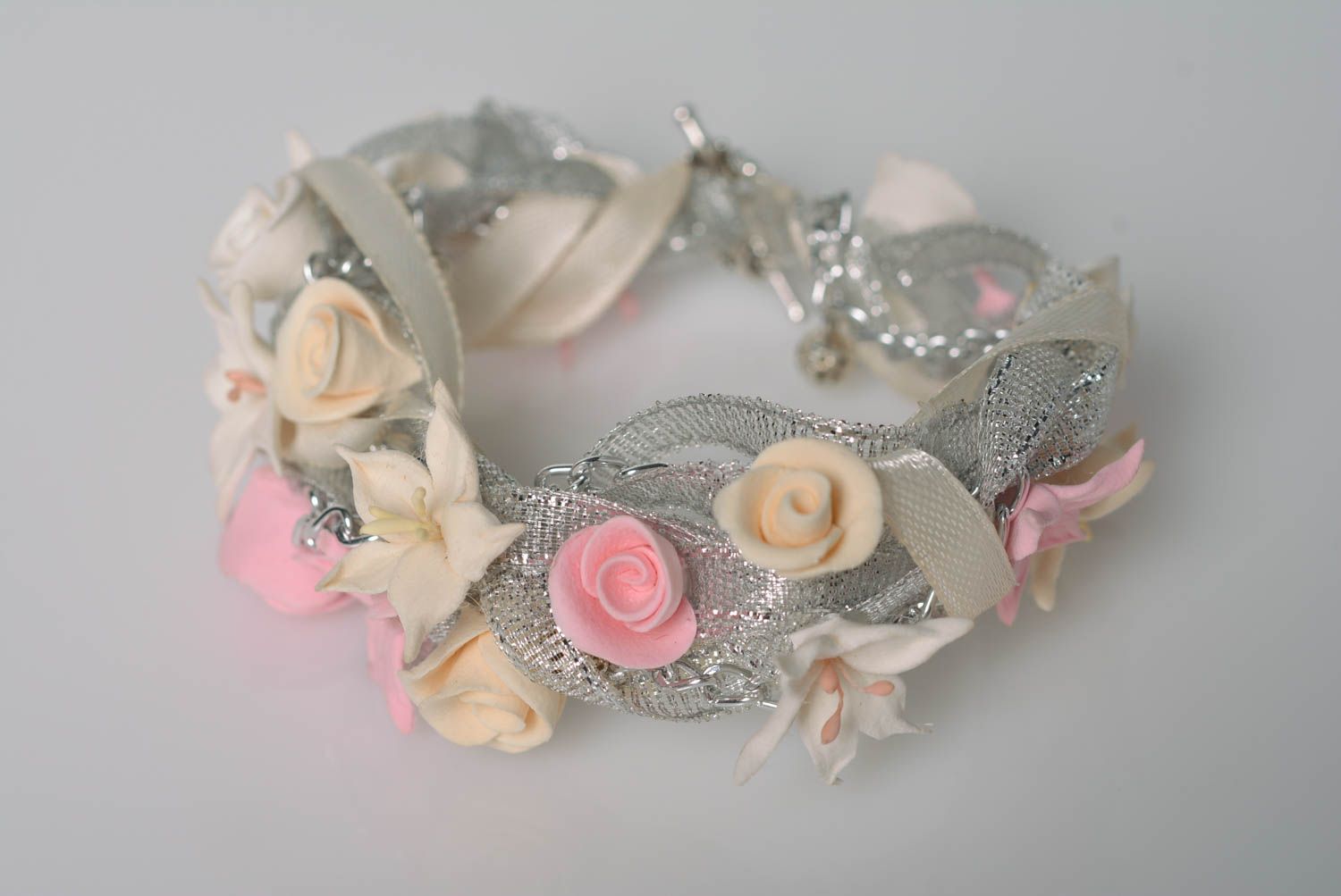 Collier et bracelet en pâte polymère sur ruban faits main avec fleurs 2 pièces photo 5