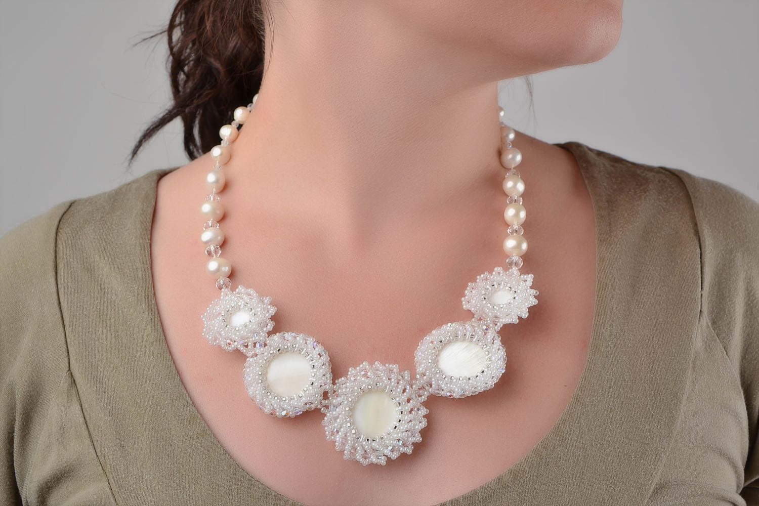 Beautiful white handmade necklace made of beads and natural stone Bride photo 2