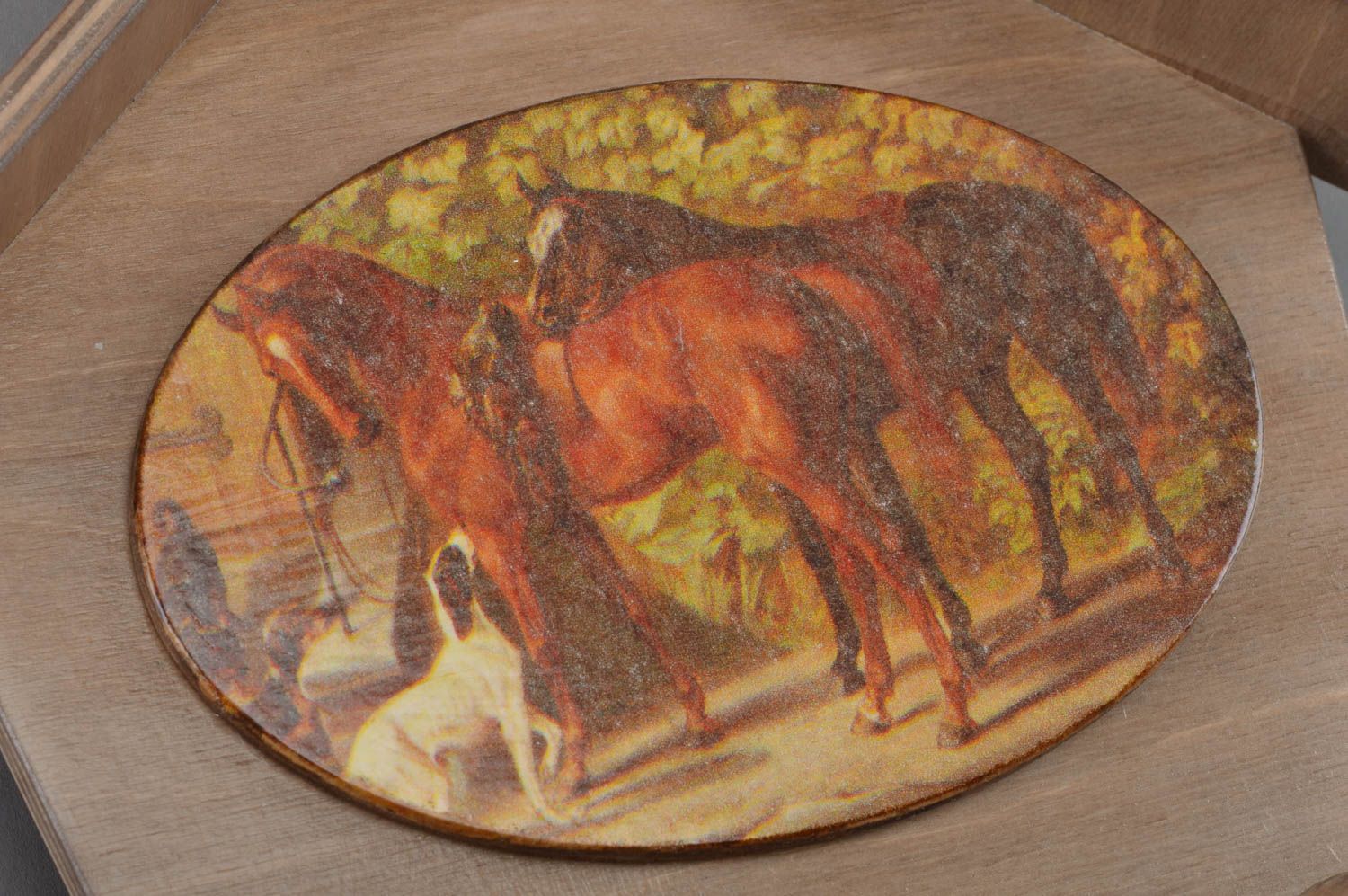 Unusual beautiful handmade designer plywood key holder with decoupage Horses photo 3