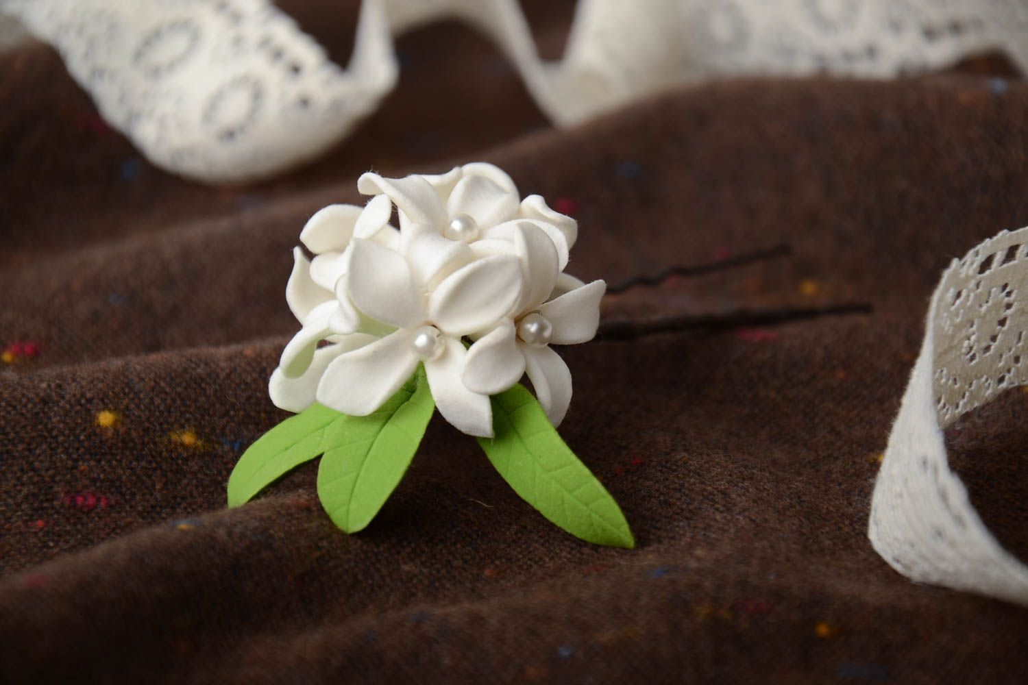 Handmade decorative metal hair pin with tender white self hardening clay flower photo 1