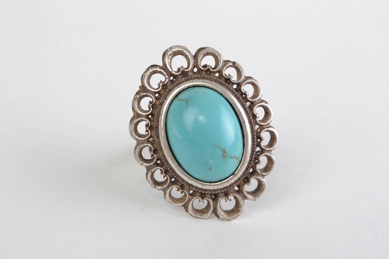 Handmade vintage metal lace ring with natural stone photo 2
