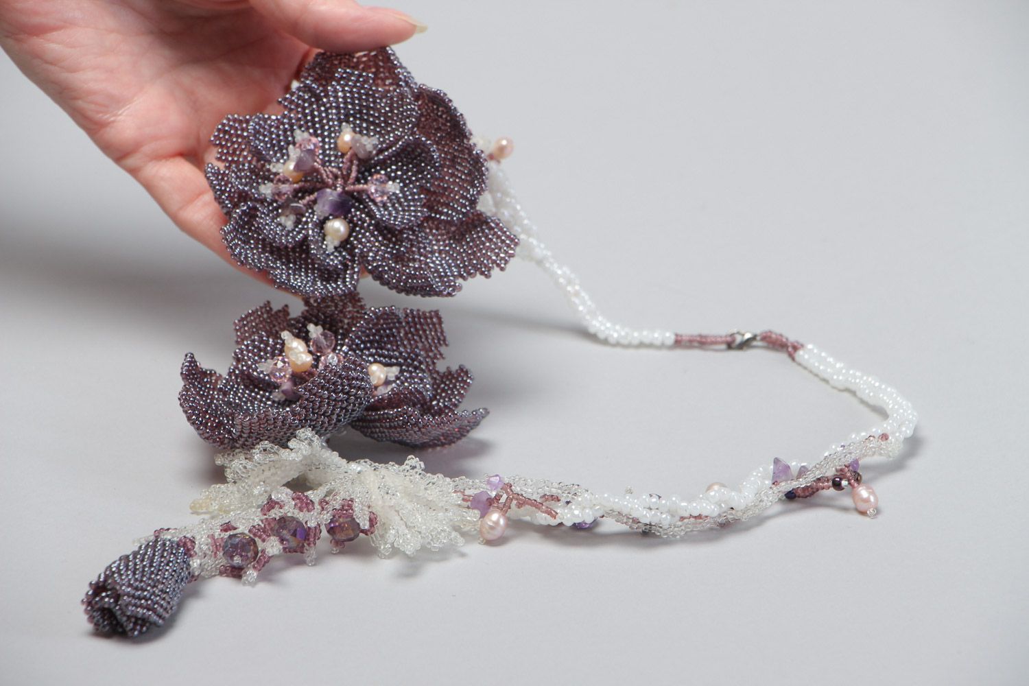 Handmade beaded necklace with flowers and natural stones in tender violet colors photo 5