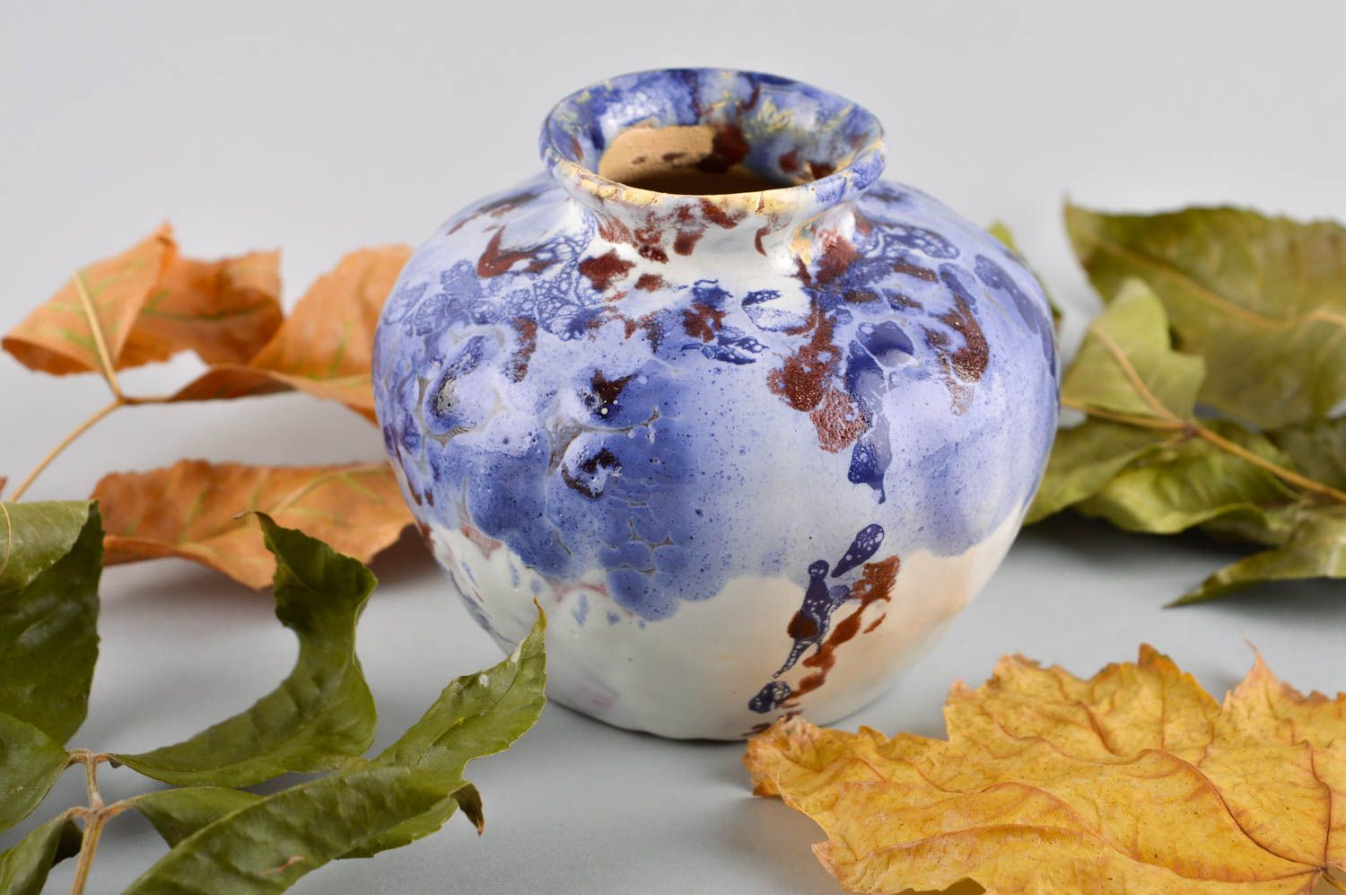 Small ceramic blue flat handmade flower vase 4, 0,75 lb photo 1