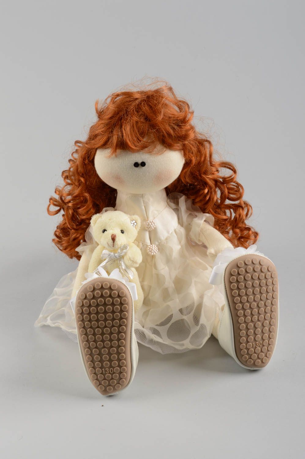 Handmade designer soft doll sewn of linen cute girl with curly hair in dress photo 4