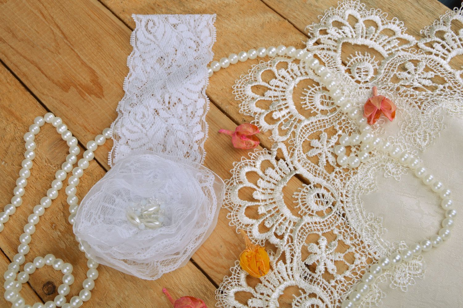 Handmade festive tender white lace headband with satin flower and beads  photo 1