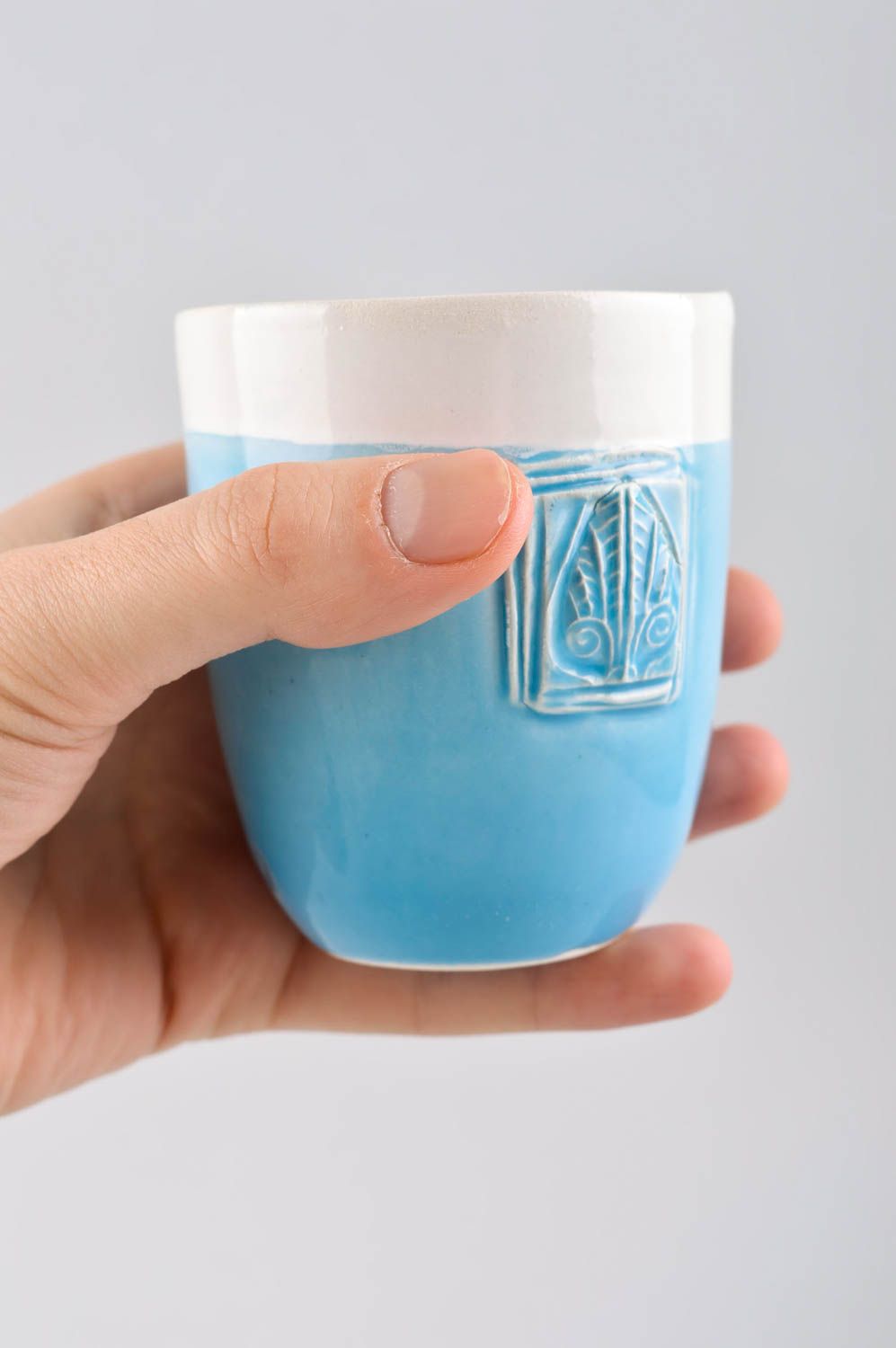 Handmade schöne Teetasse Keramik Tasse buntes Designer Geschirr blau weiß kühl foto 5