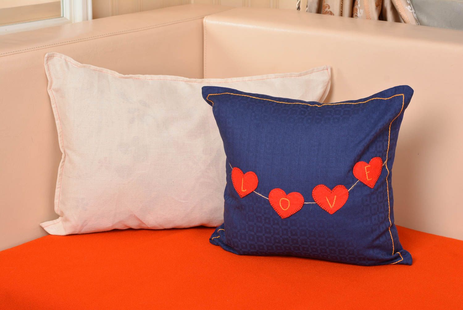 Handmade designer square dark blue satin pillow case with red hearts Love photo 4