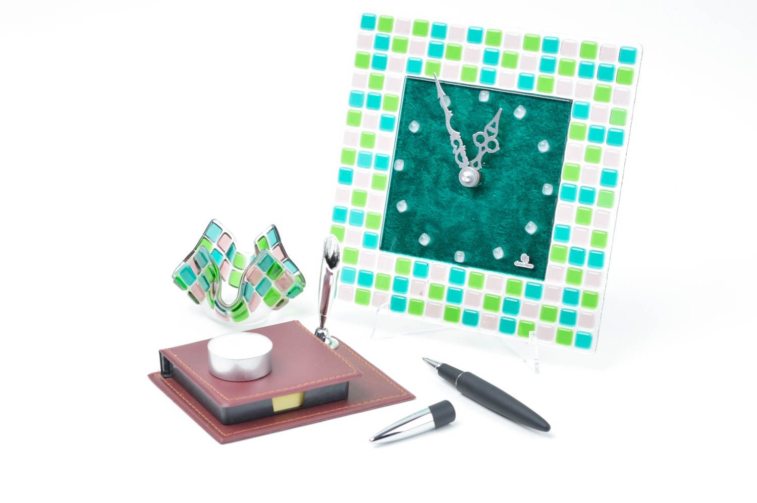 Horloge murale Bougeoir en verre faits main vert-turquoise Cadeau original photo 1