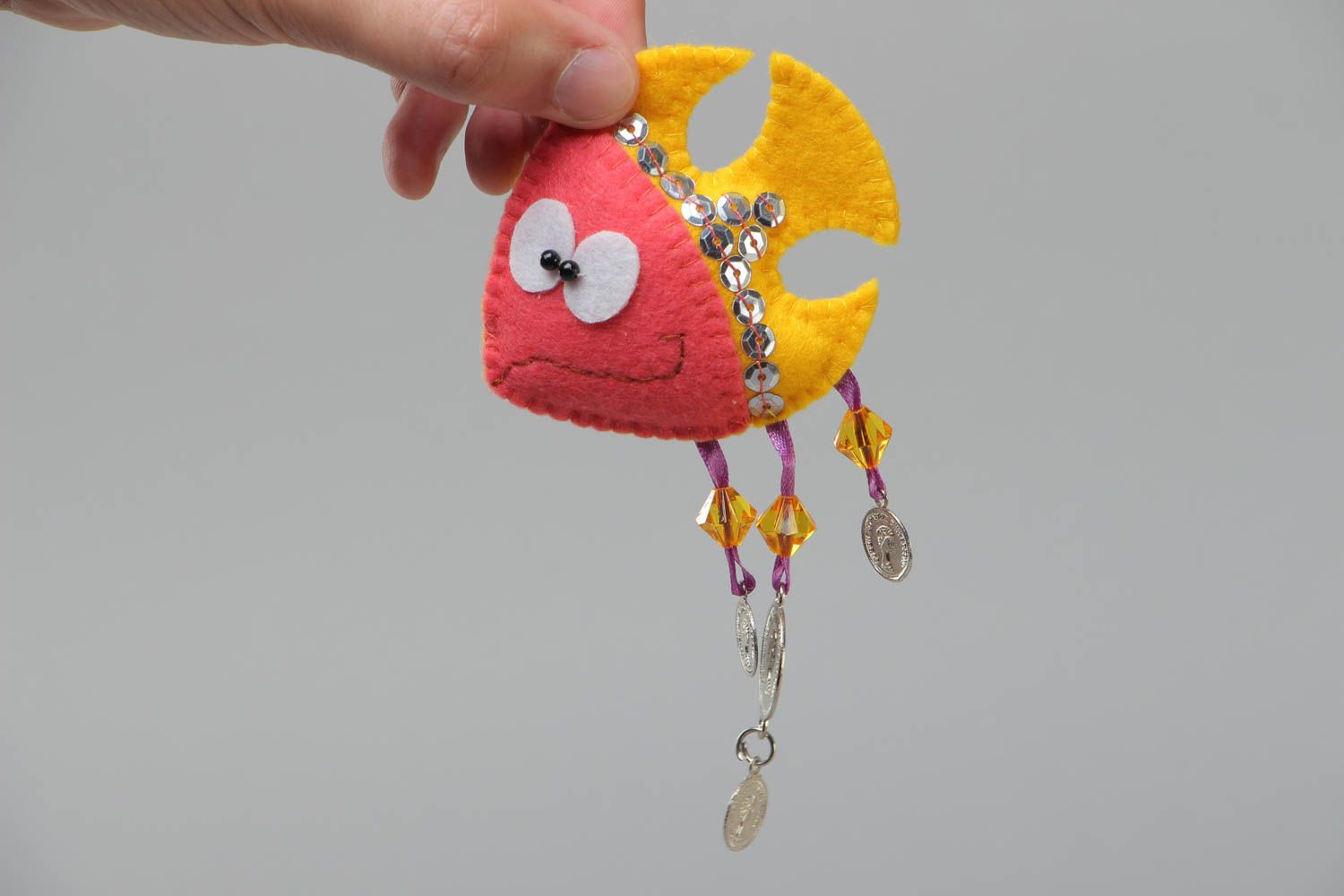 Handmade soft toy fridge magnet in the shape of funny yellow and pink felt fish photo 5