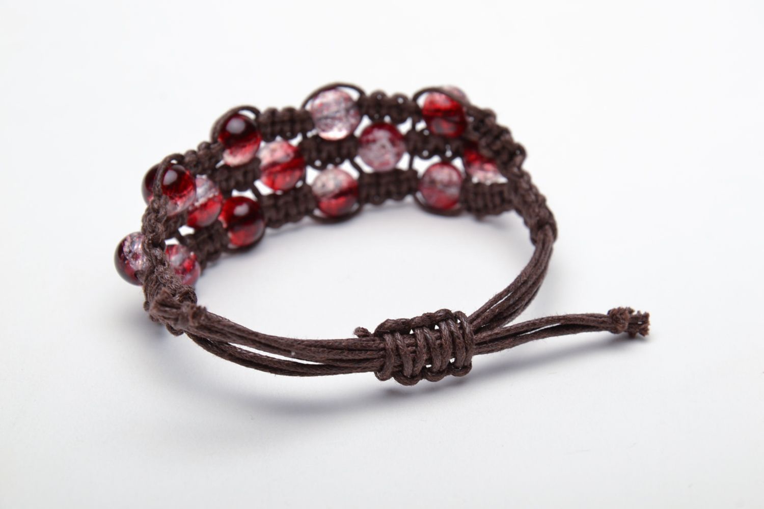 Bracelet en verre rouge et cordelette cirée tressée brune large pour femme   photo 4