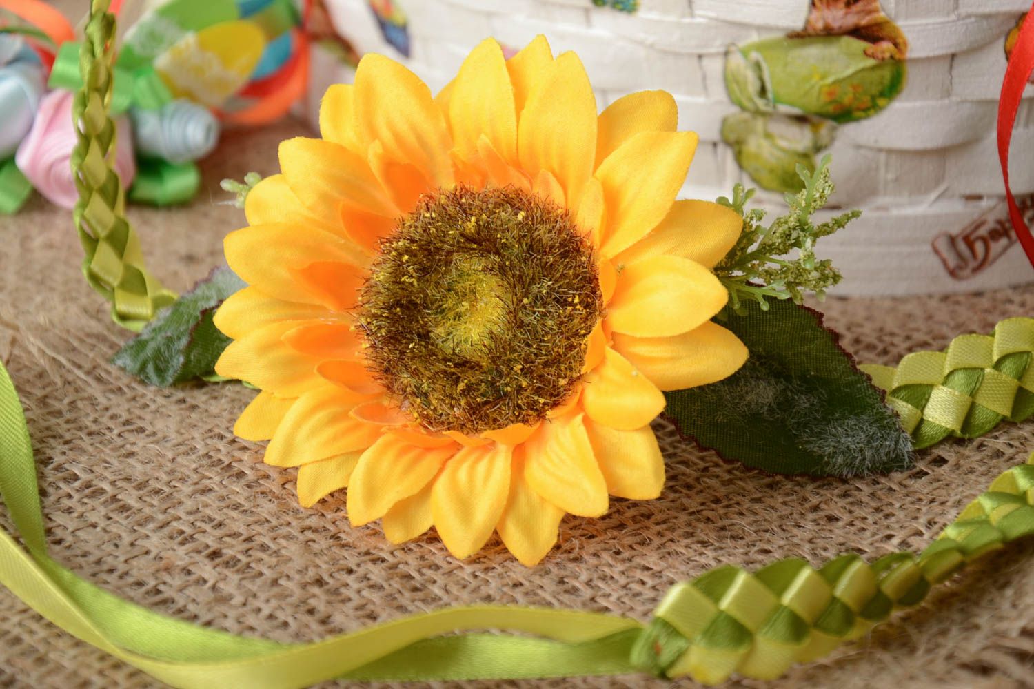 Handmade decorative summer headband woven of green ribbons with large sunflower photo 1