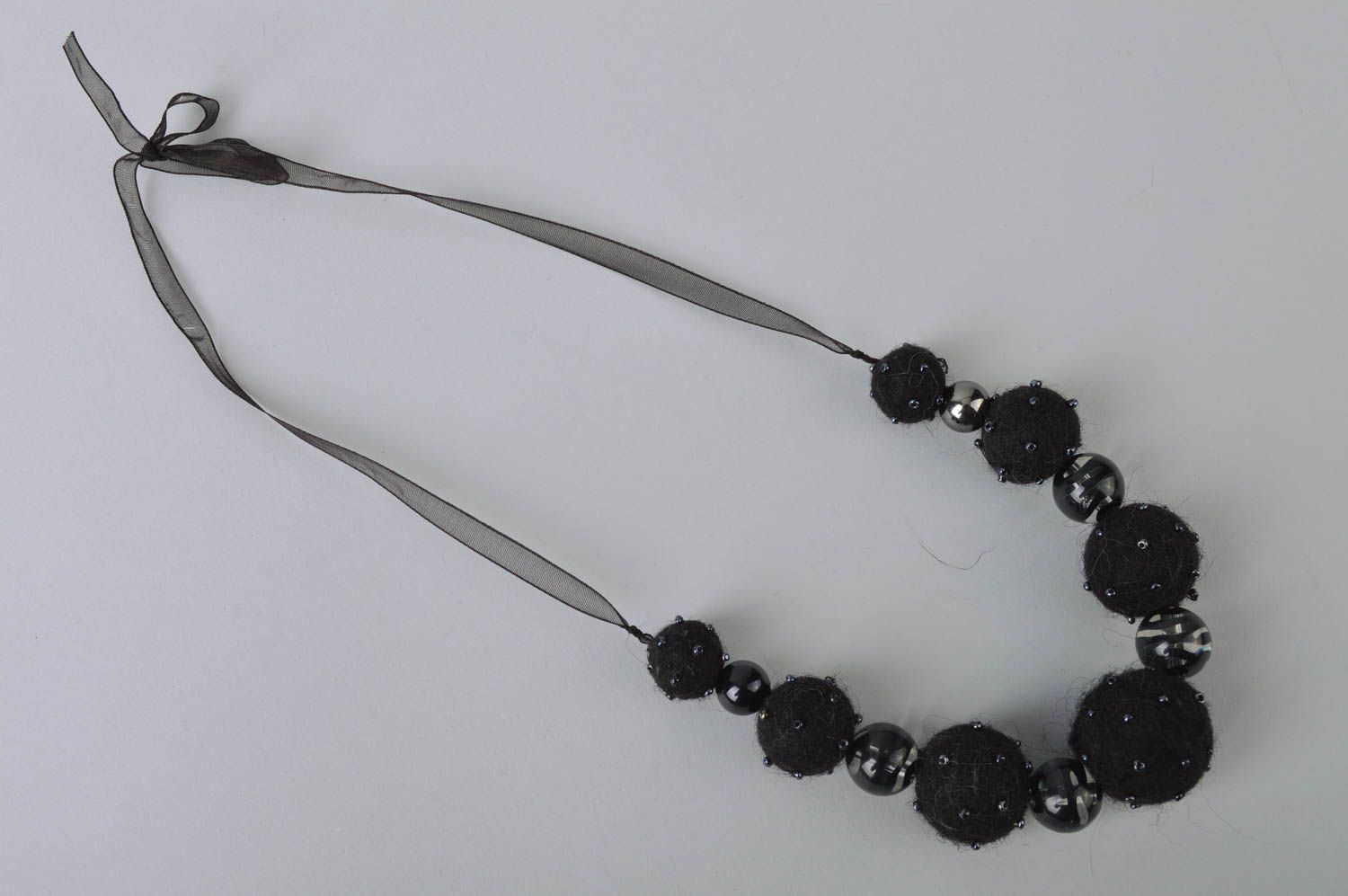Necklace made of wool beads on organza ribbon with seed beads beautiful jewelry photo 3