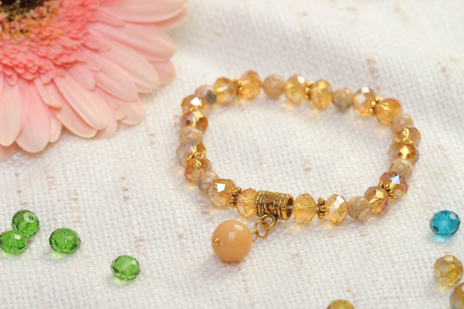 Stone beige beads' charm tennis bracelet for teen girl photo 1