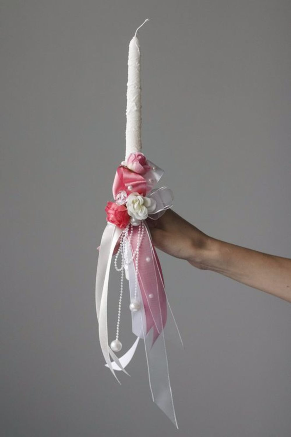Wedding candle with pink ribbons photo 5