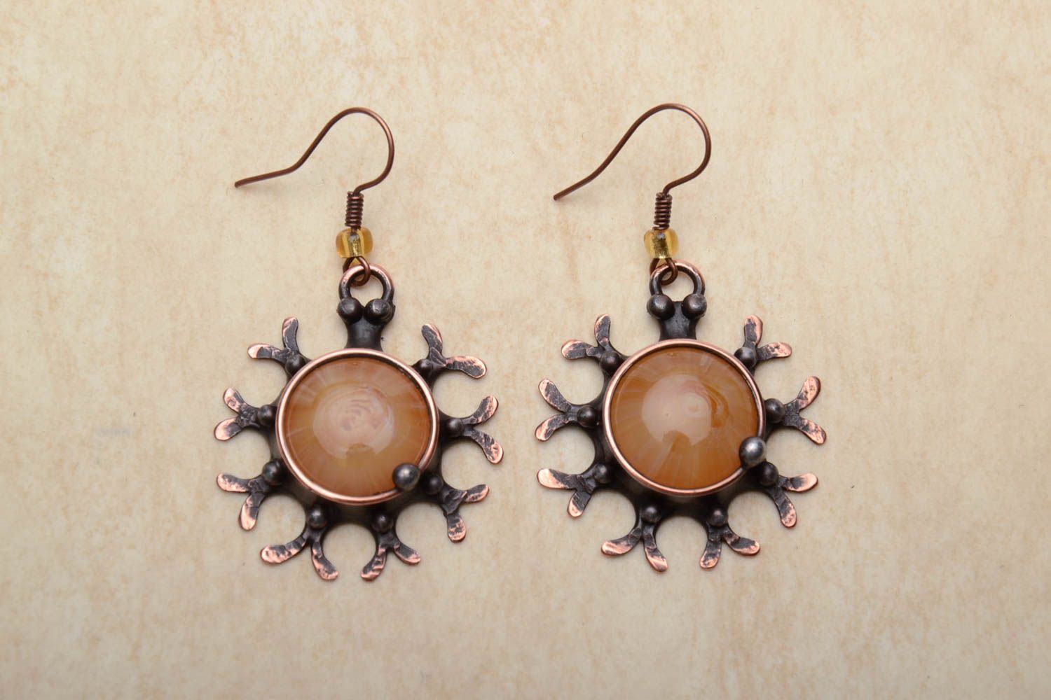 Designer earrings made of copper and glass photo 1