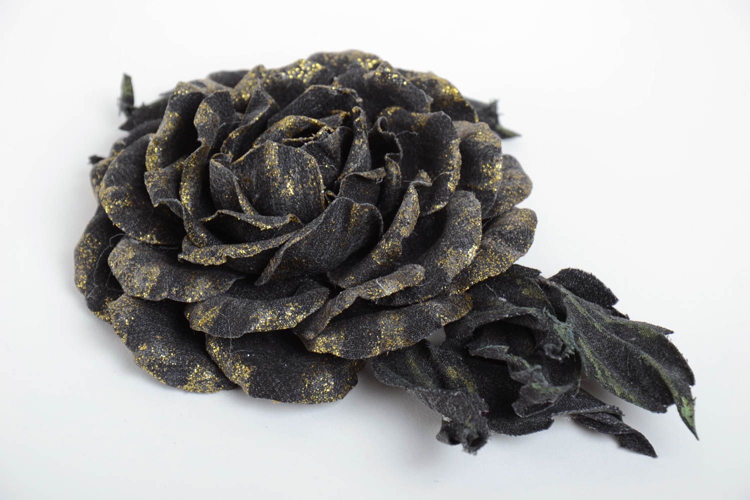 Handmade hair clip brooch with volume fabric flower of black and golden colors photo 5