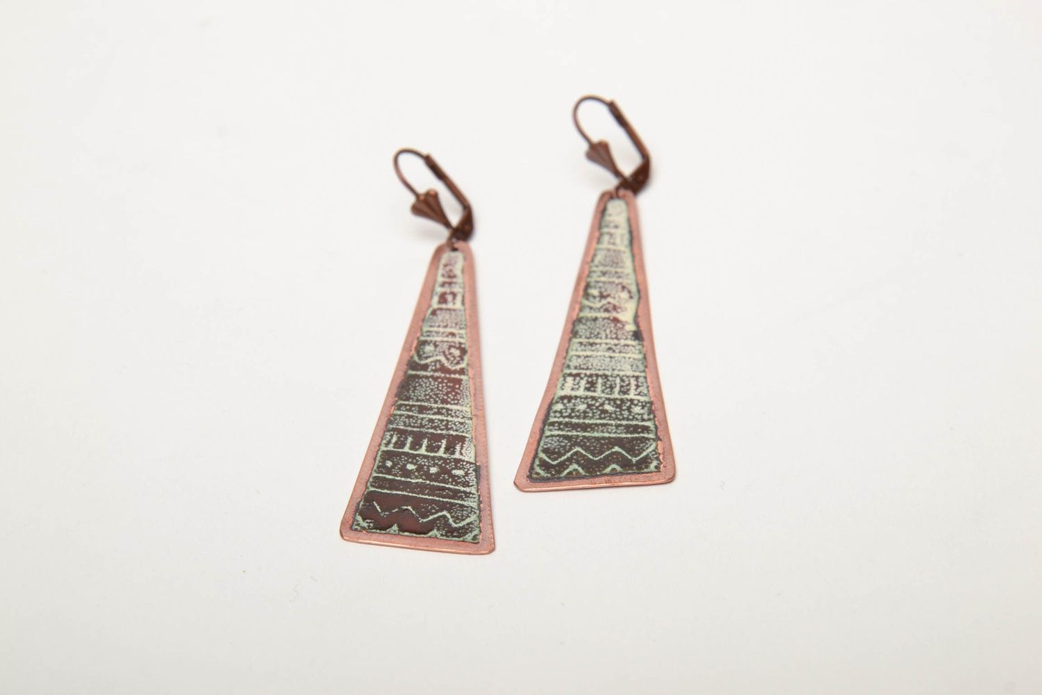 Long triangle copper earrings with enamels photo 3