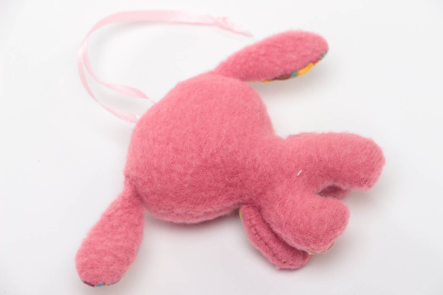 Handmade decorative wall hanging soft toy with eyelet sewn of fleece pink rabbit photo 4