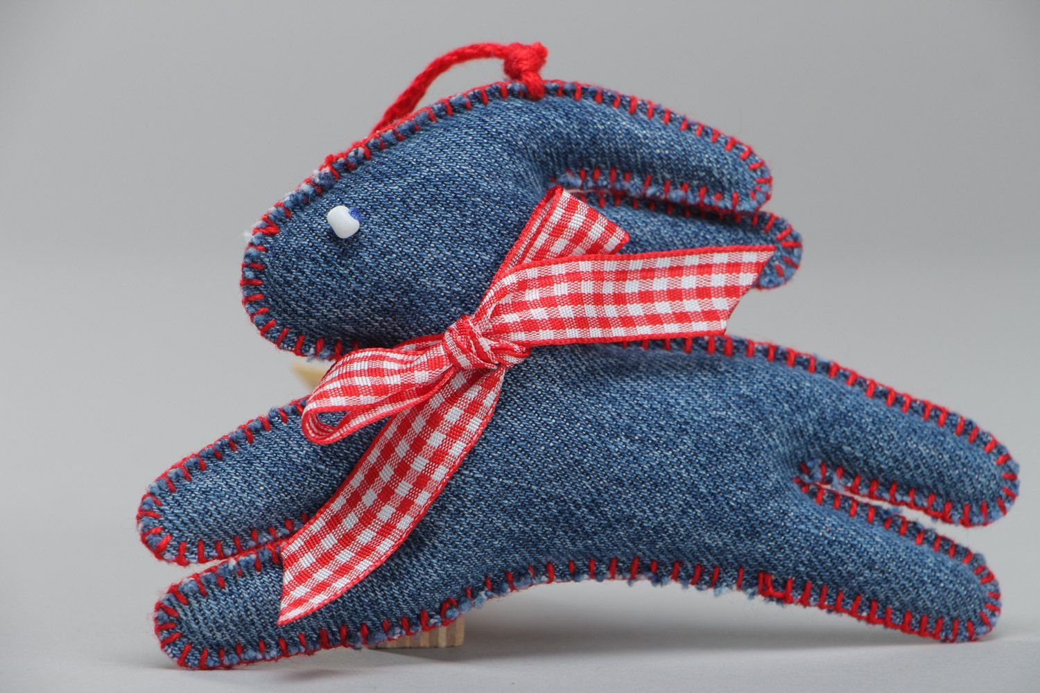 Handmade decorative wall hanging sewn of denim fabric Easter rabbit with bow photo 2