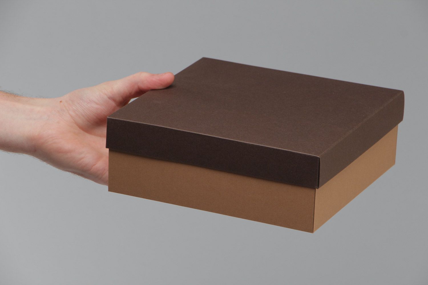 Handmade decorative flat square brown carton gift box with dark lid photo 5