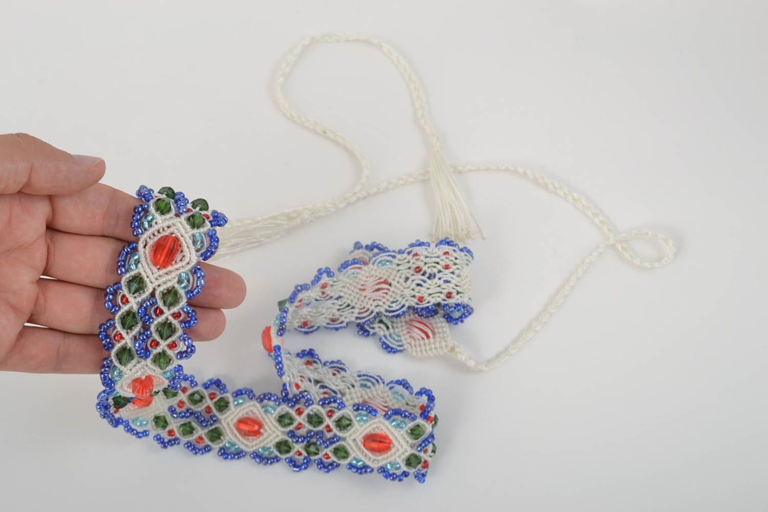Unusual handmade woven thread belt beaded belt textile accessories for girls photo 5