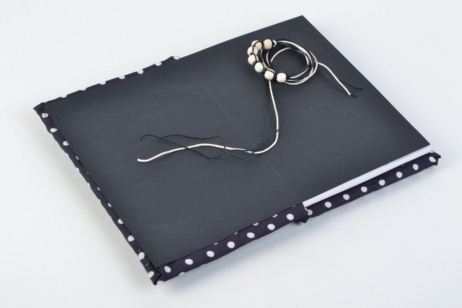 Handmade notebook with black and white polka dot cover and ties for 60 pages photo 4