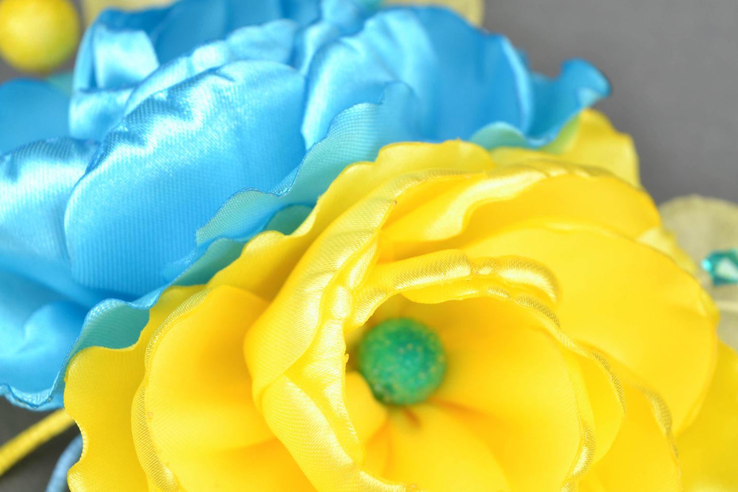 Satin brooch-hair pin Yellow and Blue Flower photo 3