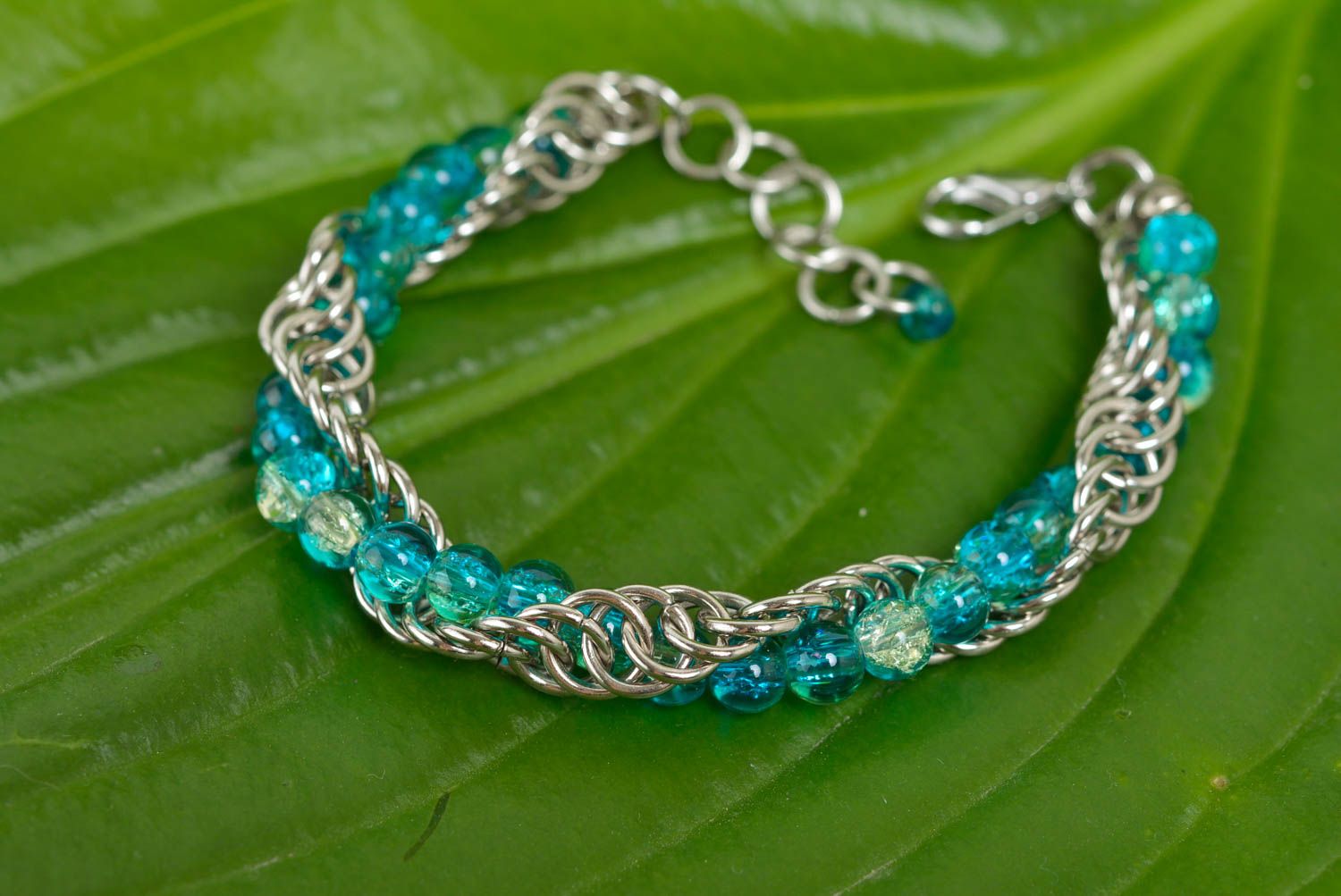 Handmade women's beautiful chainmail woven metal bracelet with glass beads photo 1