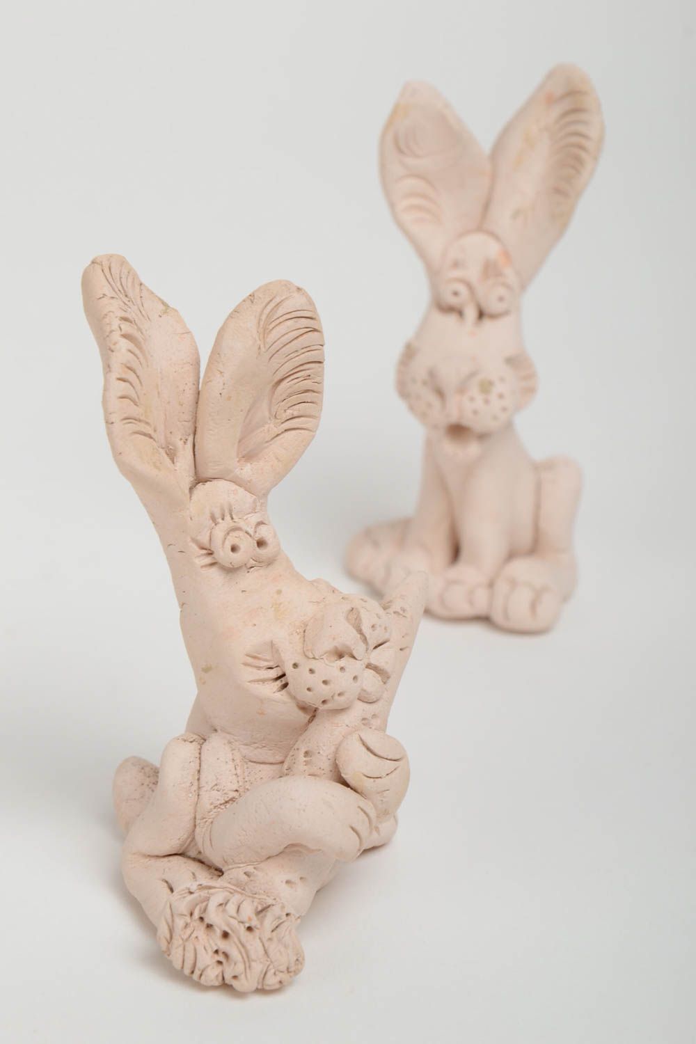 Set of 2 handmade funny miniature ceramic figurines of rabbits for interior photo 4
