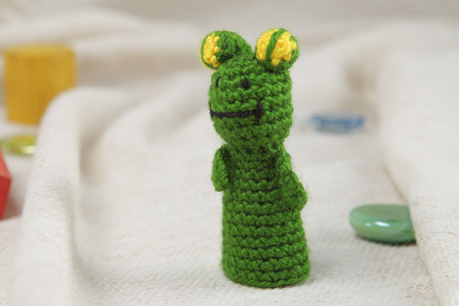 Funny handmade finger puppet crocheted of acrylic threads green frog for children photo 5