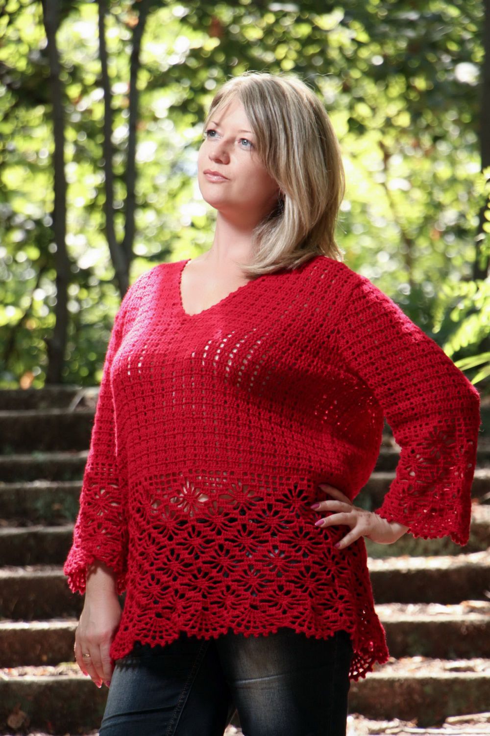 Tunique tricot acrylique rouge pour femme  photo 2