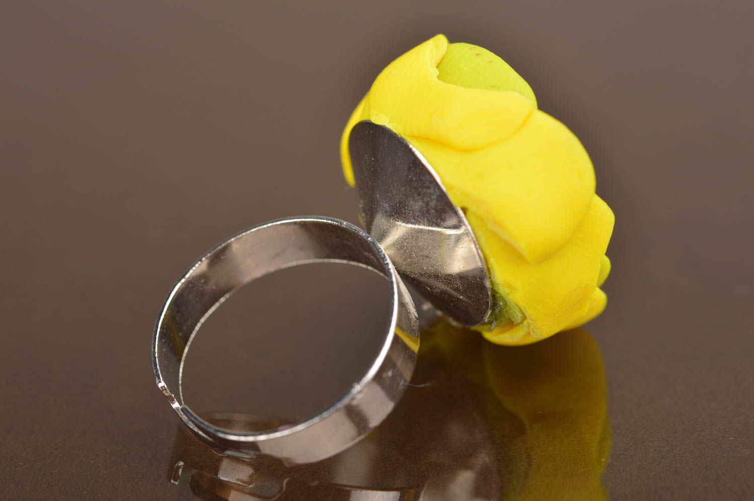Handmade bright adjustable ring made of polymer clay in form of yellow peony photo 3