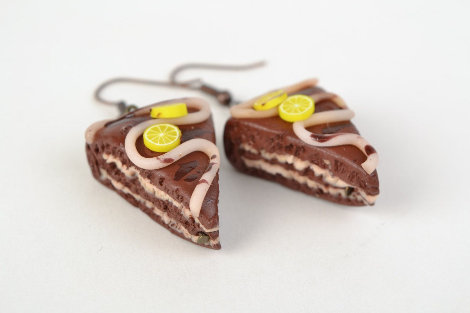 Unusual handmade polymer clay dangle earrings in the shape of chocolate cakes photo 4