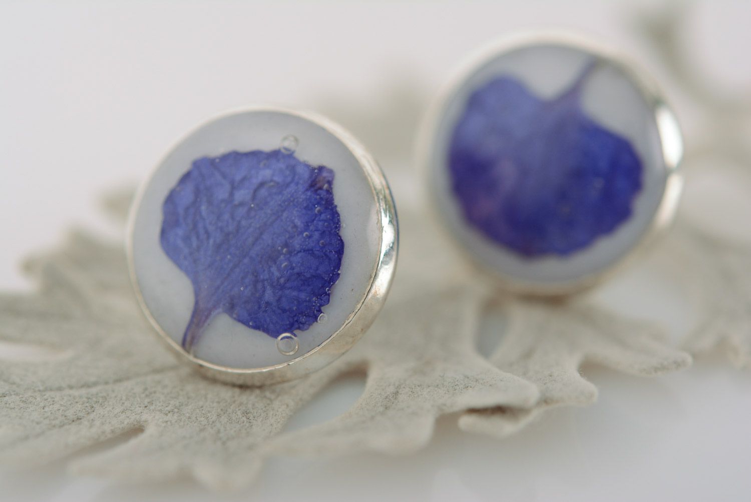 Tender small round stud earrings with blue petals in epoxy resin homemade  photo 1