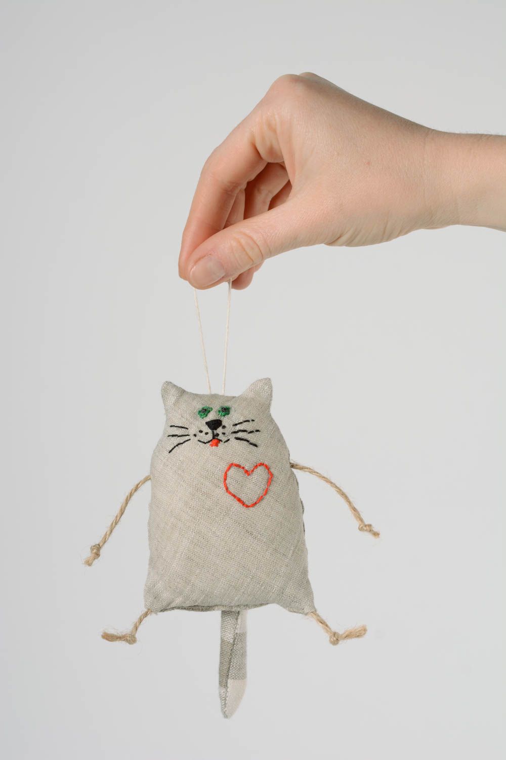 Small handmade linen fabric soft toy kitten with heart for children and interior photo 1