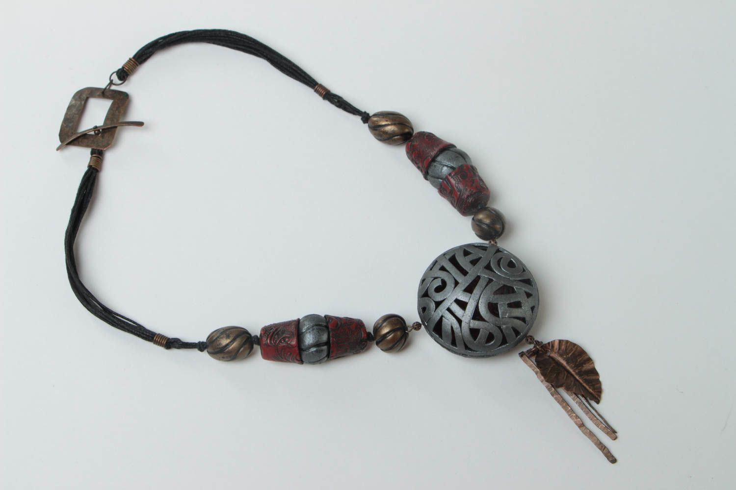 Unusual women's handmade polymer clay necklace on cord beautiful designer photo 2