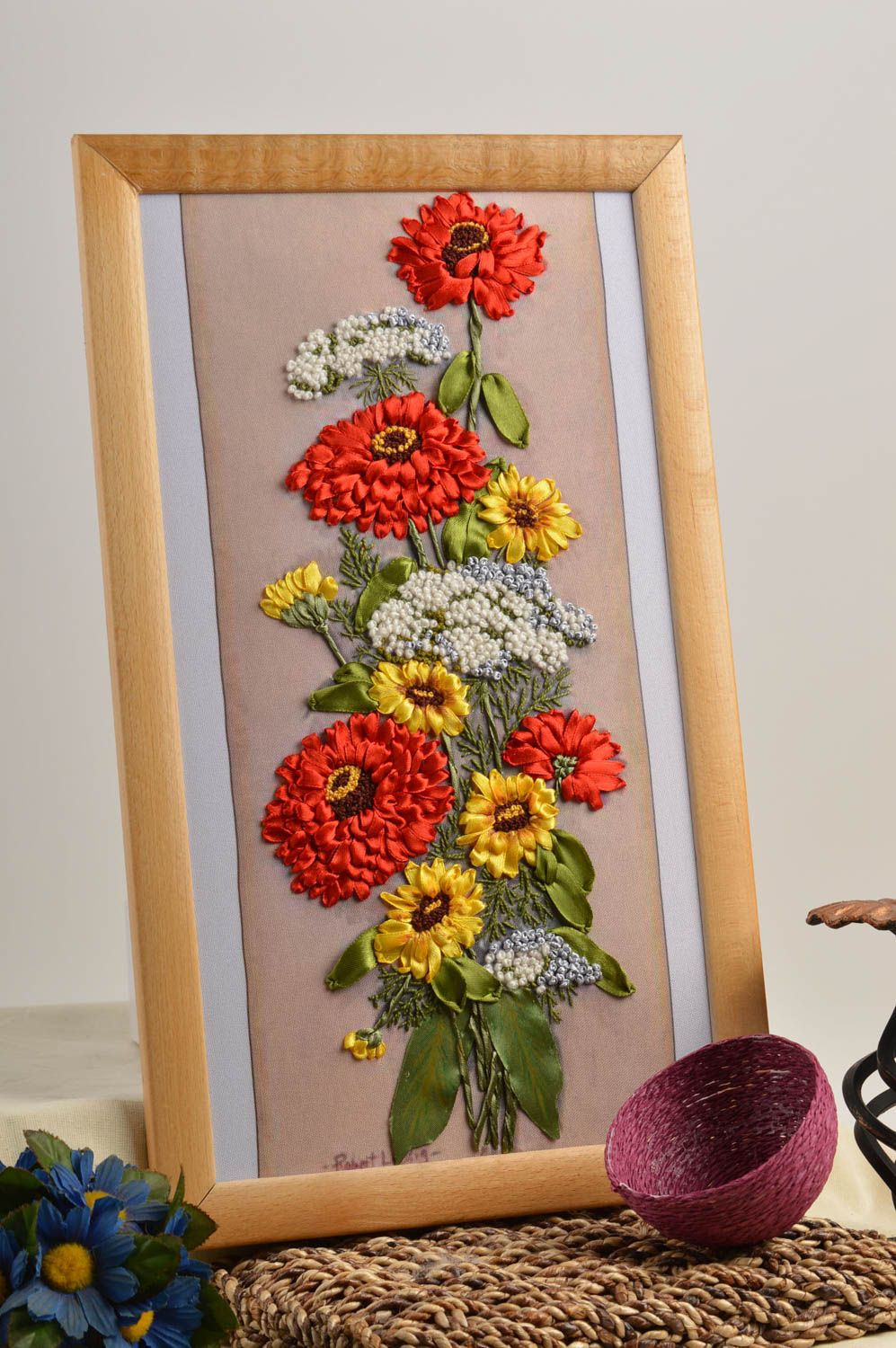 Картина на стену handmade картина с цветами картина вышитая лентами Цинии фото 1