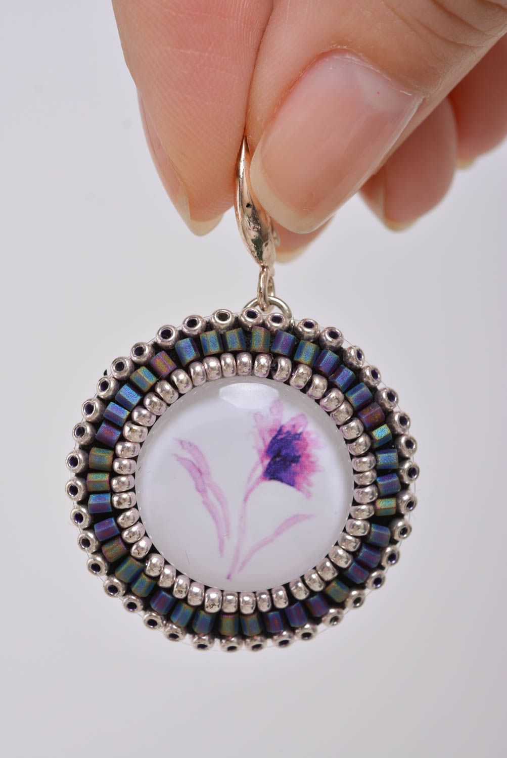 Unusual beautiful handmade designer violet beaded round earrings photo 4