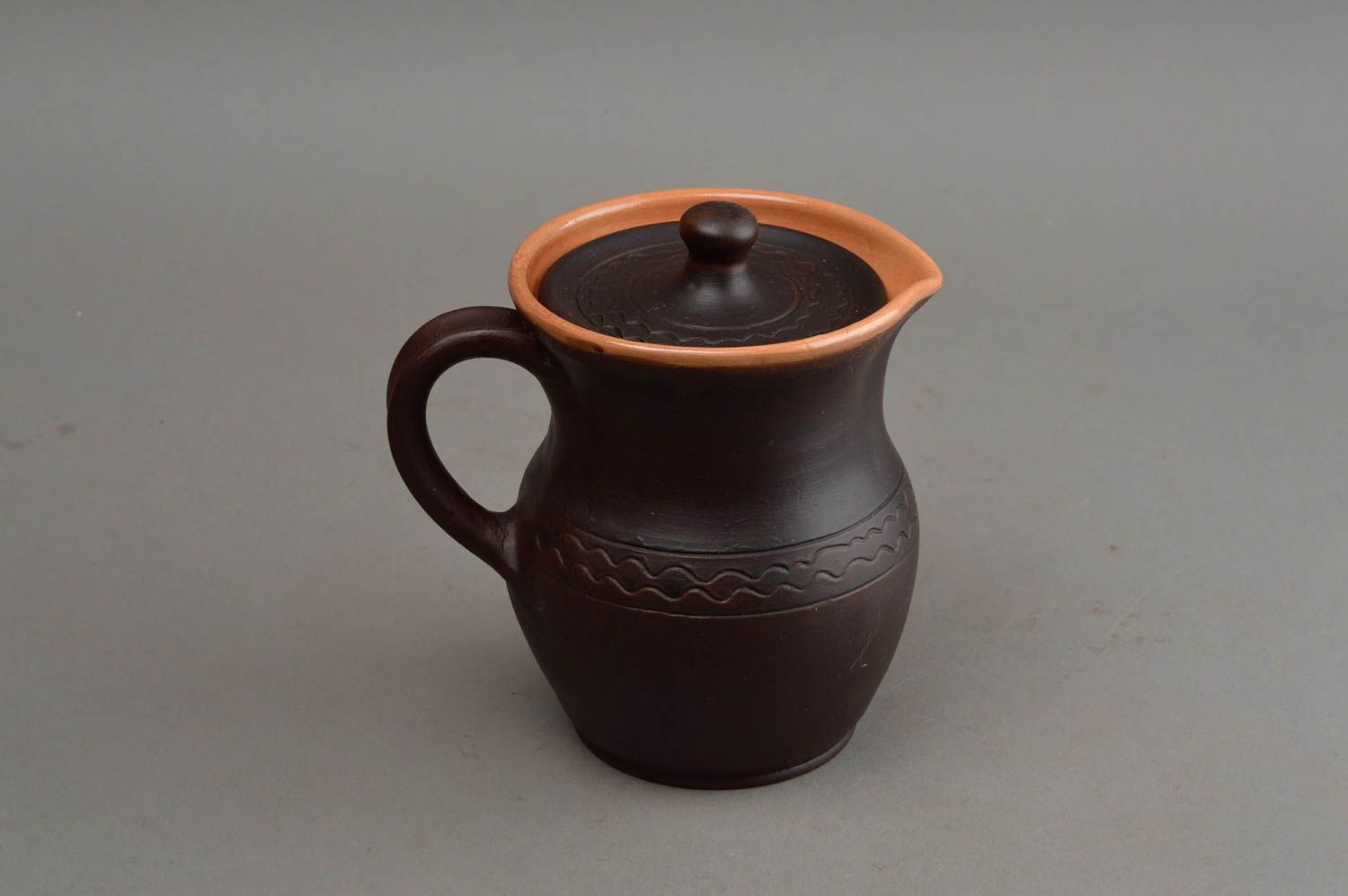 Cruche céramique avec couvercle faite main marron ornementée 50 cl ethnique photo 8